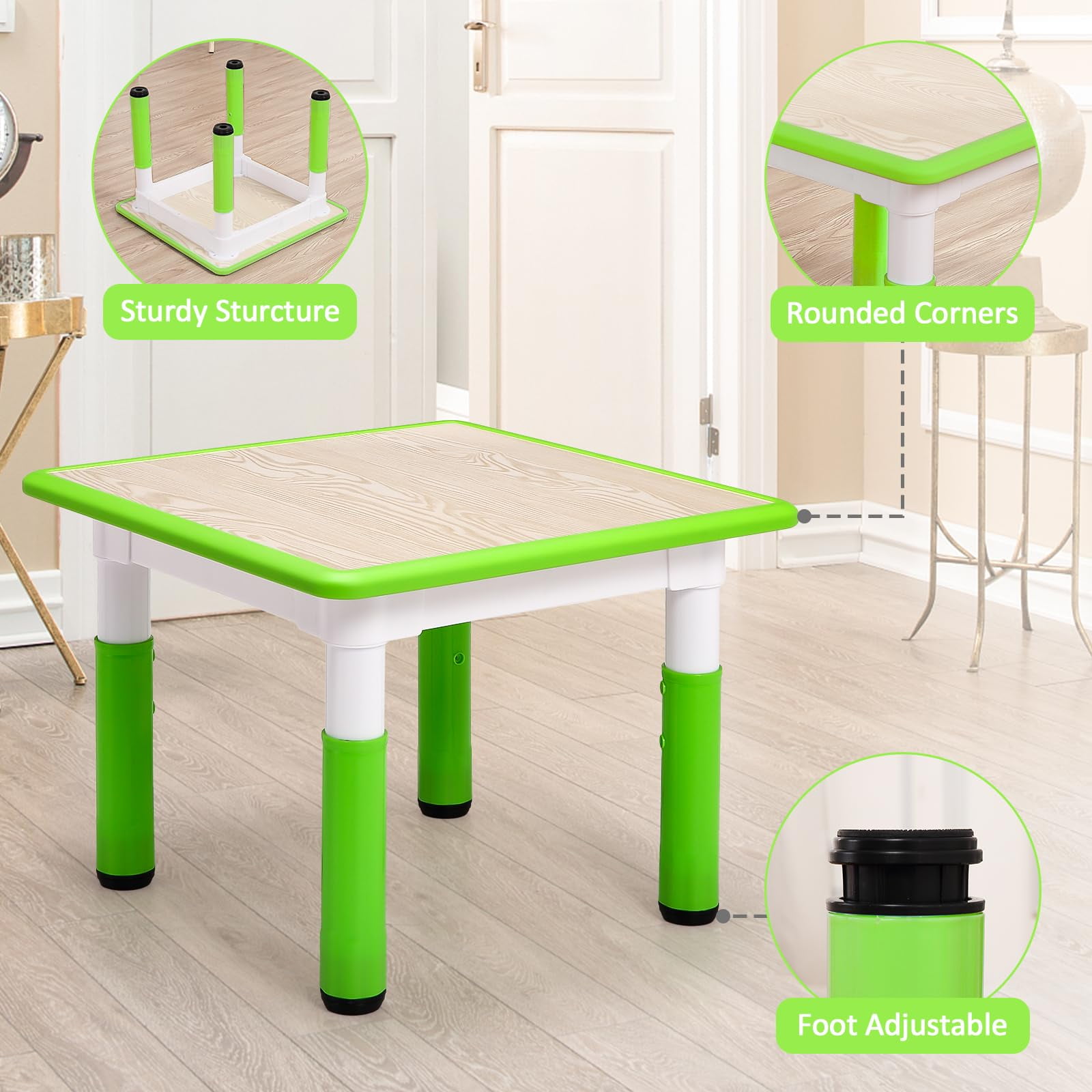 TROPOW Kids Table and Chairs,Height Adjustable Toddler Table and 4 Chair,Multi-Activity Table with Graffiti Desktop Non-Slip Legs for Ages 2-10,Children Activity Table for Daycare,Classroom,Home