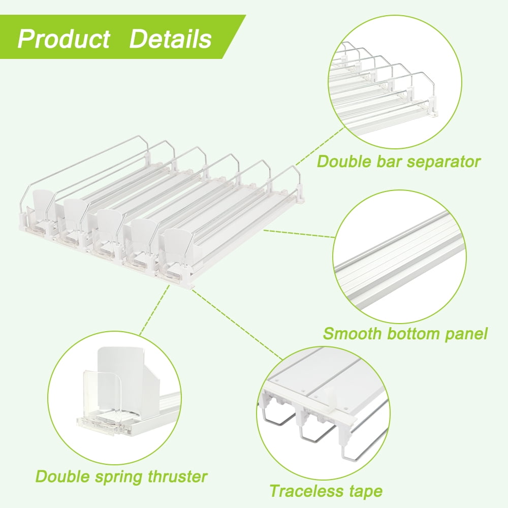 Hyindoor 5 Rows Drink Organizer for Fridge 16.14in Depth Automatic Pushing Soda Bottle Can Dispenser Adjustable Width (White)