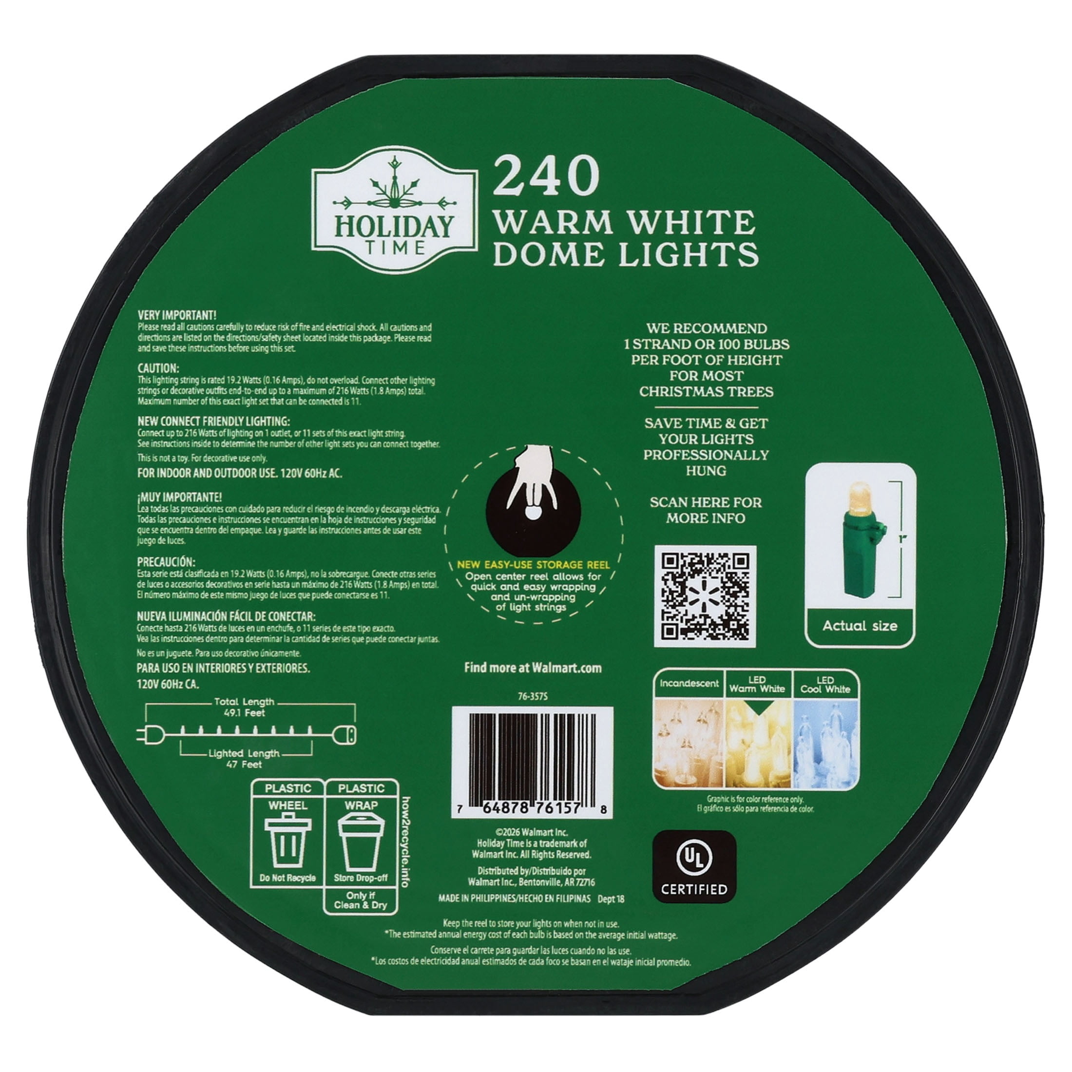 Indoor/Outdoor 240-Count LED Dome Christmas String Lights, Warm White, Green Wire, 47', by Holiday Time