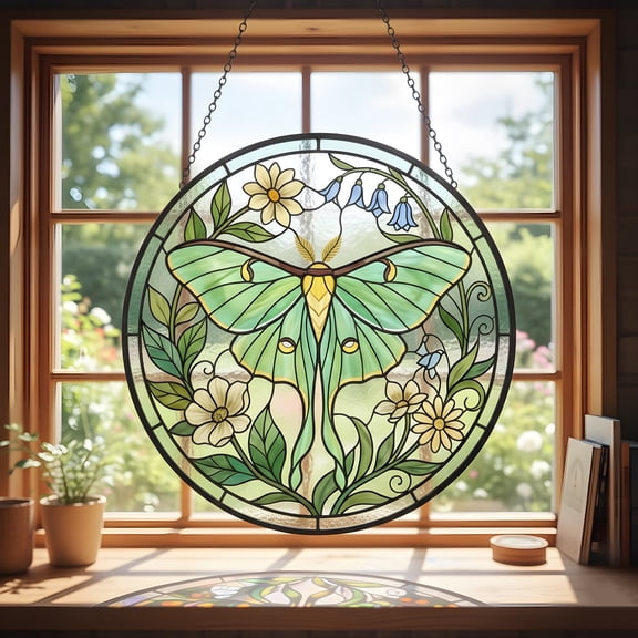 Green Luna Moth Stained Glass - Window Hanging Art | Botanical Wildflower Pattern | Cottagecore Aesthetic | Nature Lover Gift Idea | Home Office Window Decoration