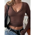 thumbnail image 5 of Long Sleeve Shirts for Women Fall Fashion V Neck Basics Crop Tops Slim Fitted Y2K Tops Outfits Clothes Brown M, 5 of 8