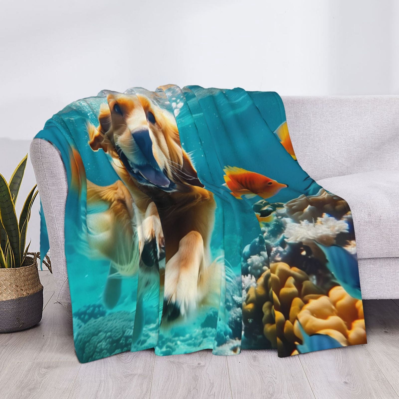 Throw Blanket for Couch - Dog Underwater Adventure Soft Comfy Lightweight Cozy Warm Throw Blanket, Fuzzy Plush Flannel Blanket & Throws for Sofa and Bed All Season