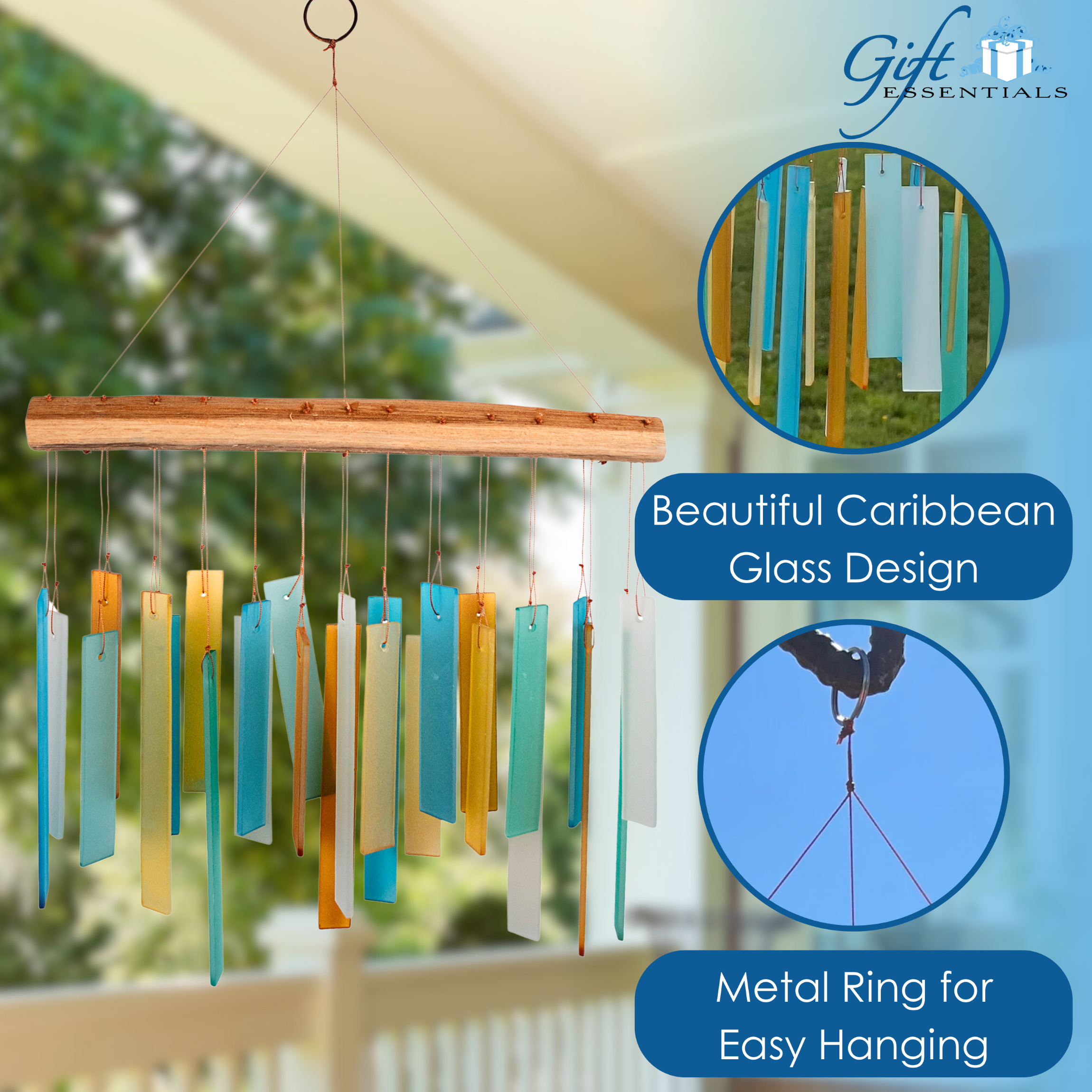 Blue Handworks Glass Wind Chime, Caribbean Beach Windchime, Outdoor Decor
