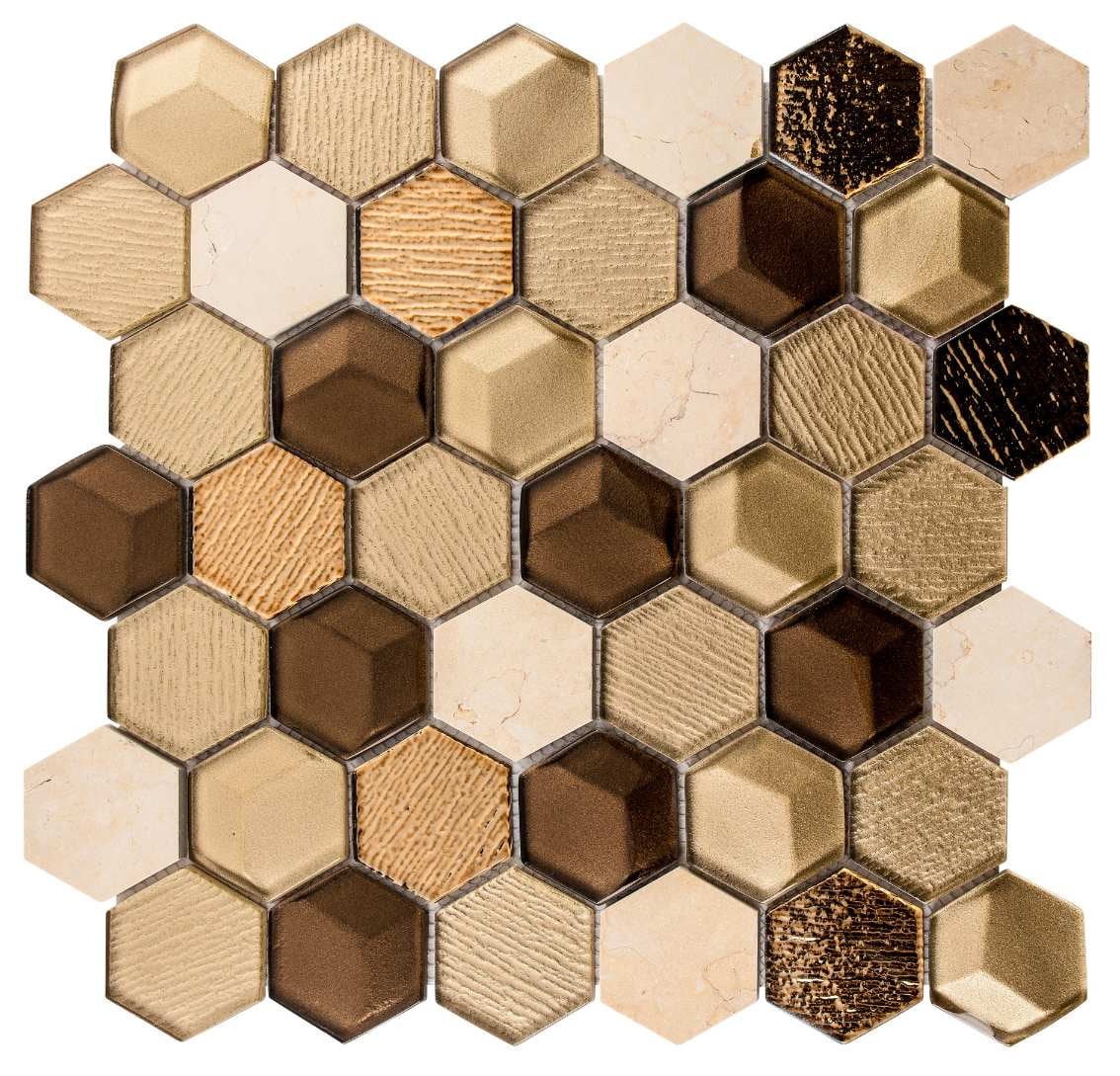 Beez Hexagon Glass and Stone Mosaic Tile Sheet