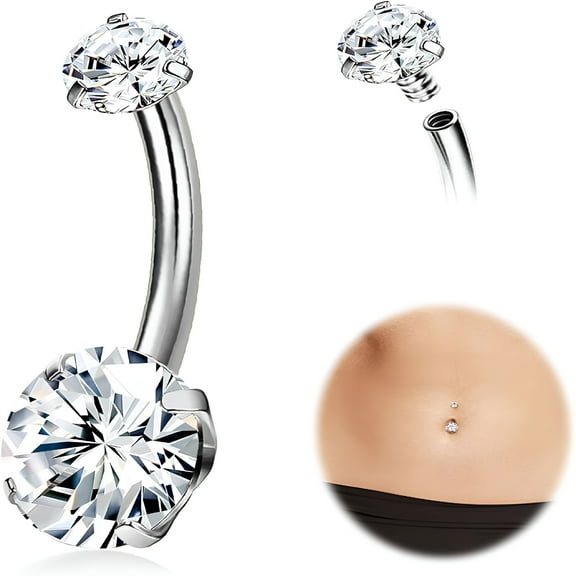 DESIGNICE Solid Titanium Belly Button Rings, 14G Internally Threaded 12mm 14mm Long Bar Belly Ring, Cubic Zirconia Navel Rings for Women Men
