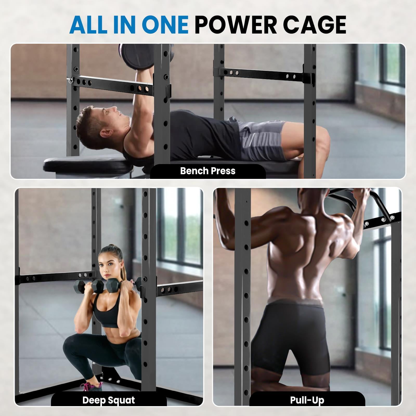 Adjustable Power Cage, 1200 LBS Capacity Black Multi-Functional Squat Rack with 14 Holes, Anti-Slip Base and Training Attachments for Home Fitness Training