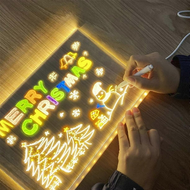 Pizarra LED, pizarra de acrílico luminosa con luz para mensajes, pizarra blanca iluminada (7,9 x 7,9 pulgadas)