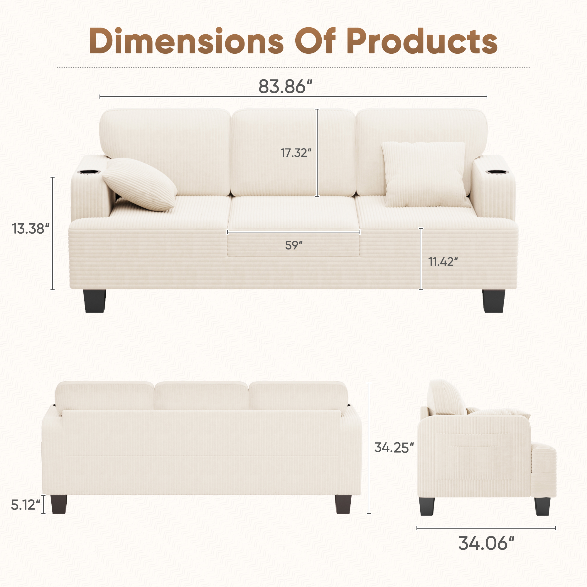 Furmax 84''W 3 Seat Sofa Couch Wide Armrest Modern Fabric Sofa with USB Charging Ports Corduroy Couch for Living Room,Beige