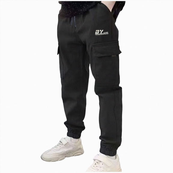 HFHAPW Boys' Cargo Joggers Pants Youth Stretch Elastic Waist Twill Trousers Kids Casual School Uniform Bottoms(White,5-6 Y)