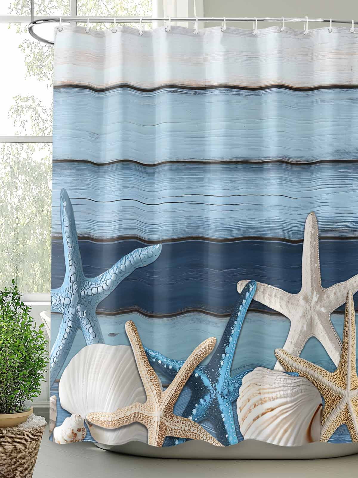 Vintage Coastal Shower Curtain, Wood Texture Starfish Shell Bathroom Decor Curtains Set with Hooks, Aqua Blue Ivory Waterproof Fabric Home Accessories， 72 X 72 Inch Long