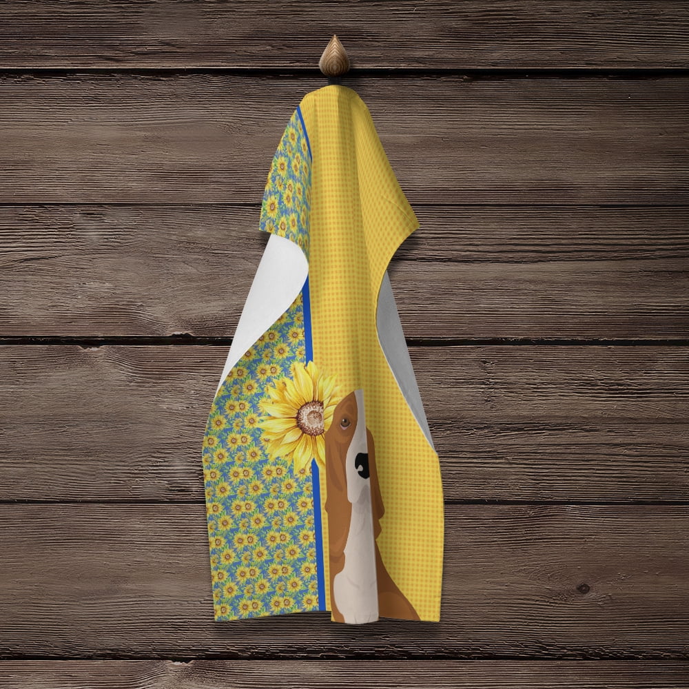 Summer Sunflowers Red and White Tricolor Basset Hound Kitchen Towel 15 in x 25 in