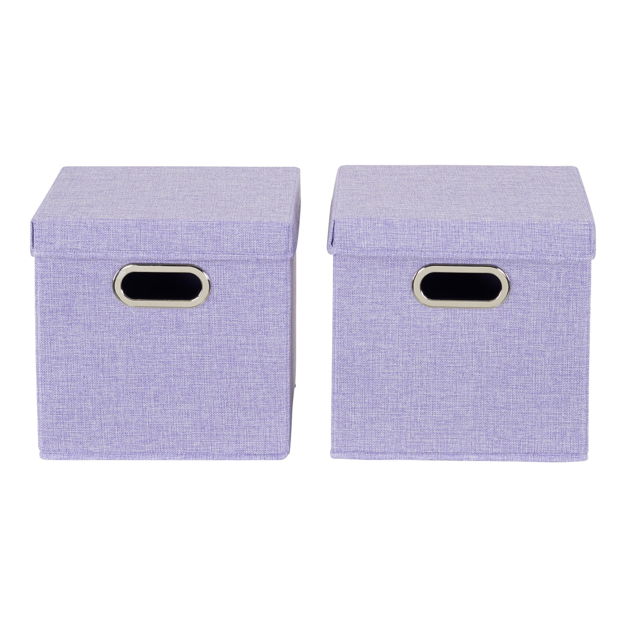 Household Essentials Storage Bins with Lids and Chromed Grommet Handles, Set of 2, Light Purple Textured Linen Look, Fits Standard Cube Shelves
