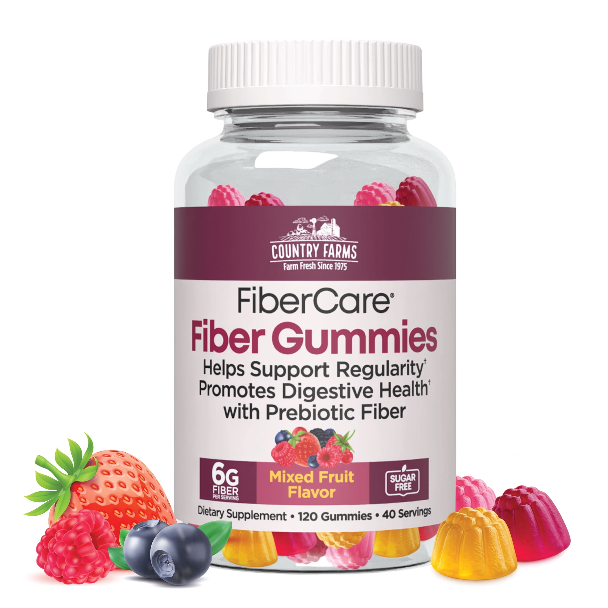 Country Farms Fiber Care Prebiotic Gummies, 6g of Fiber Per Serving, FOS from Beets, Digestive Health, Supports Regularity, Mixed Fruit Flavor, 120 Gummies, 40 Servings, Multi