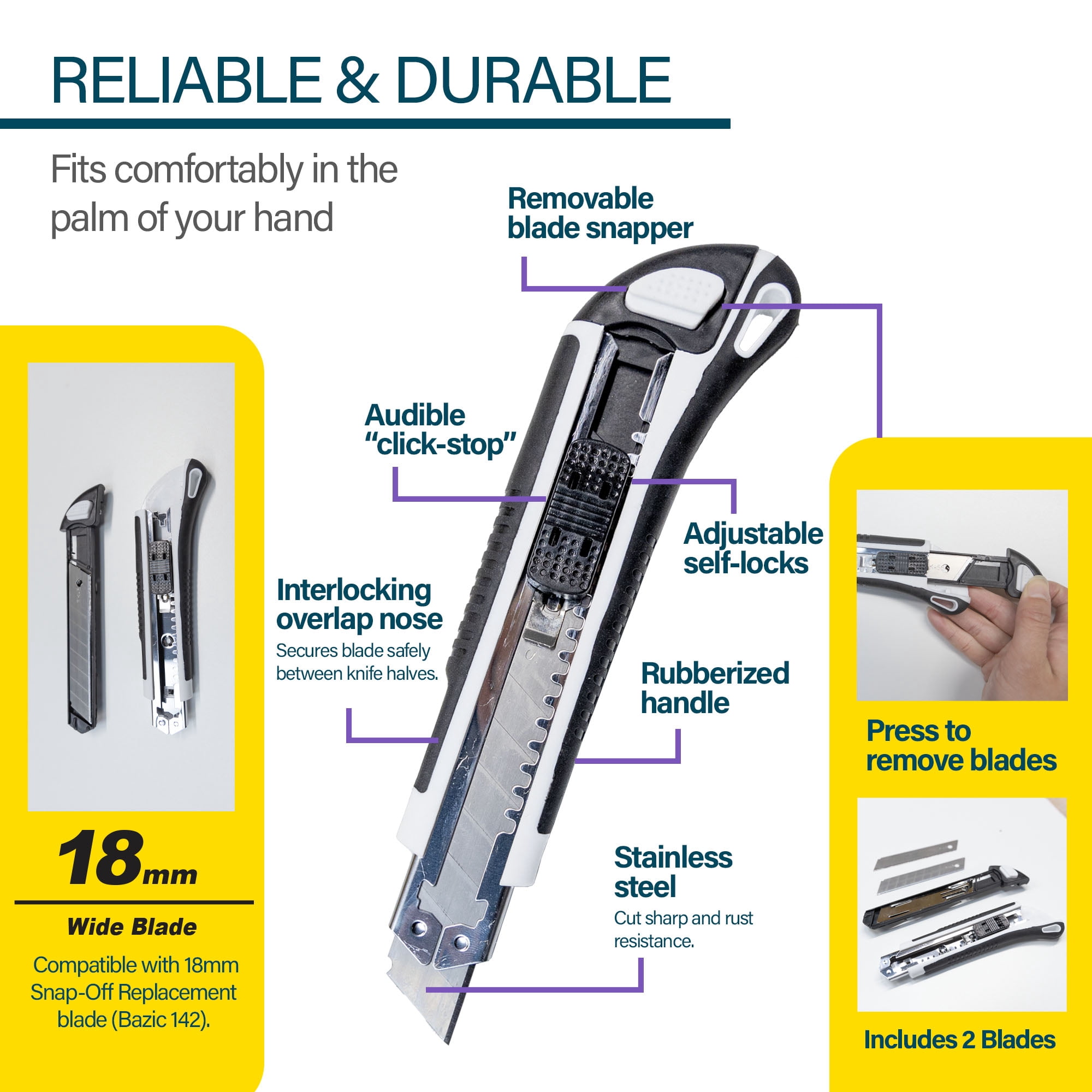 BAZIC Utility Knife Box Cutter 18 mm Wide Blade, 2 Blades, 12-Pack