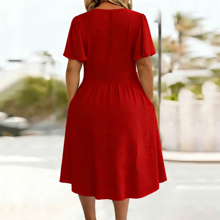 basic a line dress Clodeeu Women's V Neck Short Sleeve Dress, Casual Tunic Waisted Midi with Pockets Red,Women's Plus L, Size: Large Black Backless Bodycon Dresses sexy Black Asymmetrical draped neckline Color:Off-white