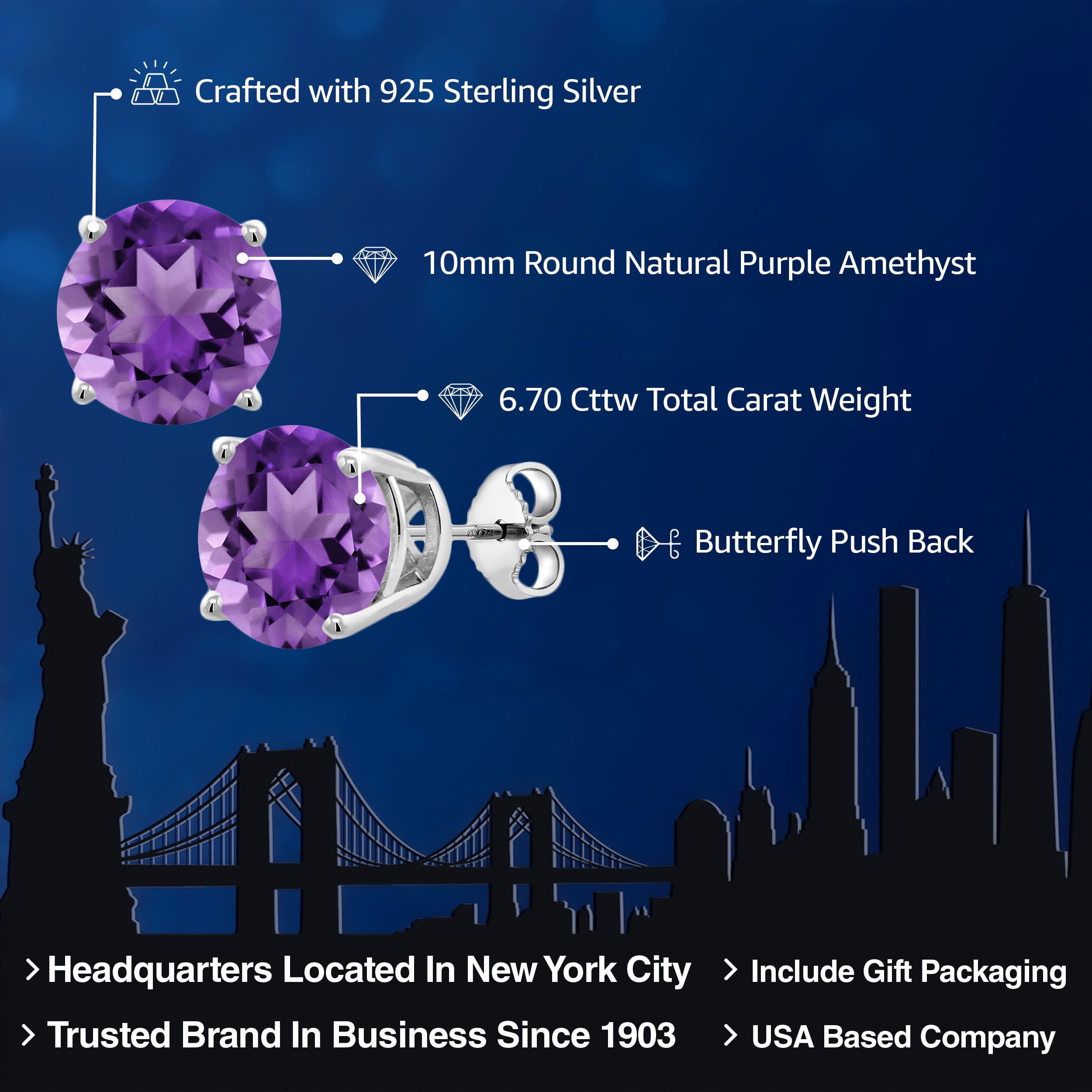 Gem Stone King 925 Sterling Silver Purple Amethyst Stud Earrings for Women Men (6.70 Cttw, Gemstone Birthstone, Round 10MM)
