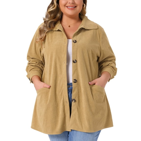 DARING DIVA Plus Size Corduroy Long Sleeve Button Down Shacket Jacket 1X Khaki