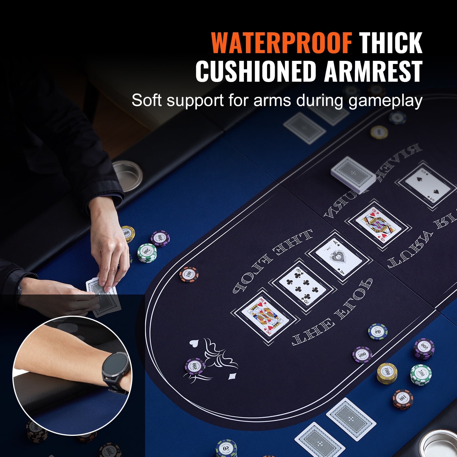VEVOR 8 Player Foldable Poker Table, Blackjack Texas Holdem Poker Table with Padded Rails and Stainless Steel Cup Holders, Portable Folding Card Board Game Table, 72" Oval Casino Leisure Table, Blue
