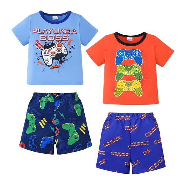 Kucnuzki 12 Months Infant Baby Boys Outfit Set 18 Months Boy 2 Packs Clothing Short Sleeves T-shirt Tops Shorts 4pcs Clothes Multicolor