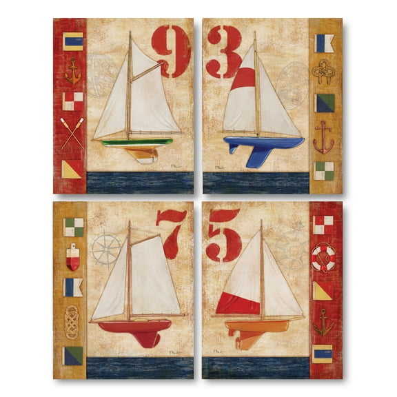 Retro, Nautical Sailboat Yacht Collage Prints; Four 11X14 Poster Prints. Red/Blue/White