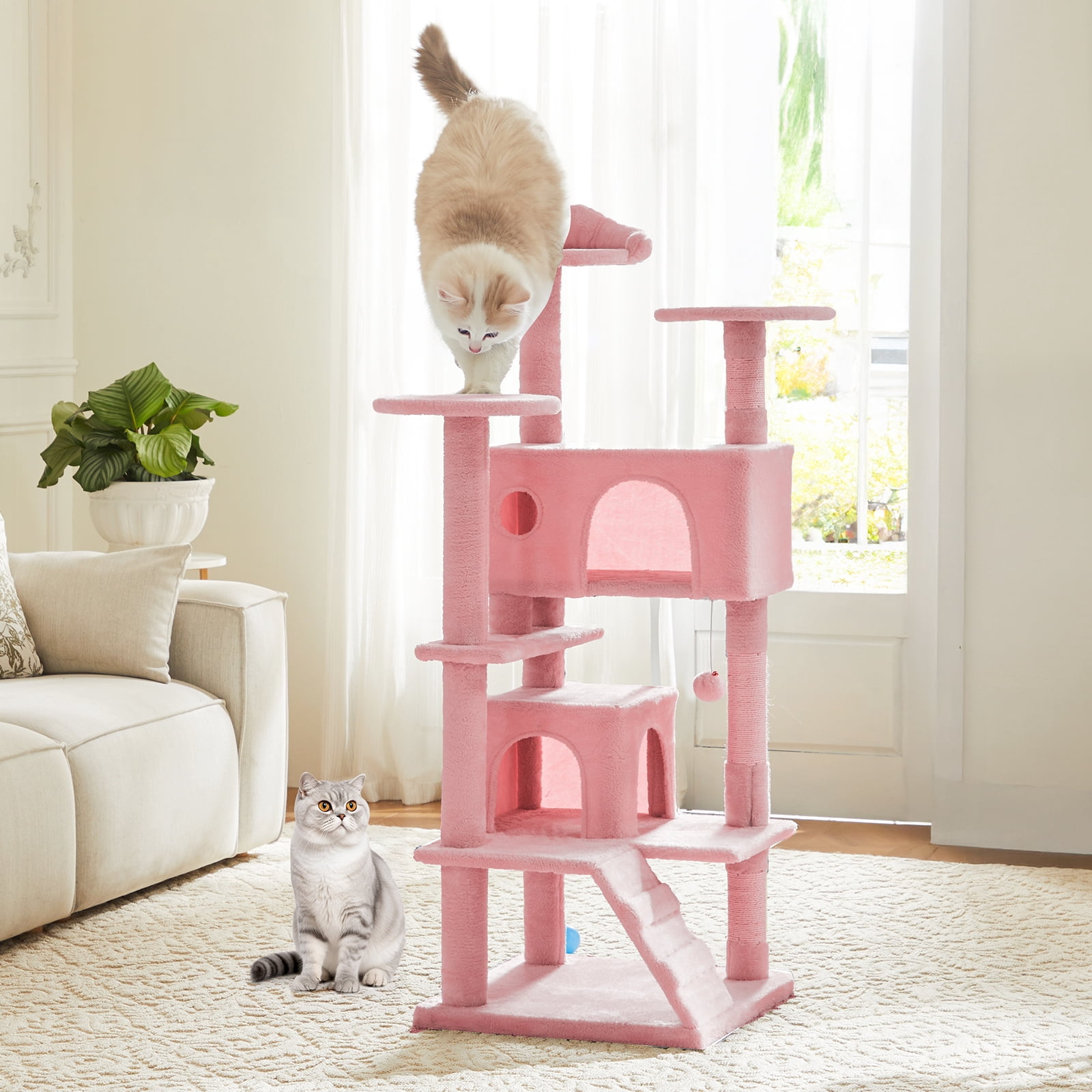 SHOUFTW 54 Indoor Cat Tree Tower, Multi-Layer Design, Sisal Scratching Posts, Spacious Apartment, Climbing Ramp, Kitten Toys, Pink