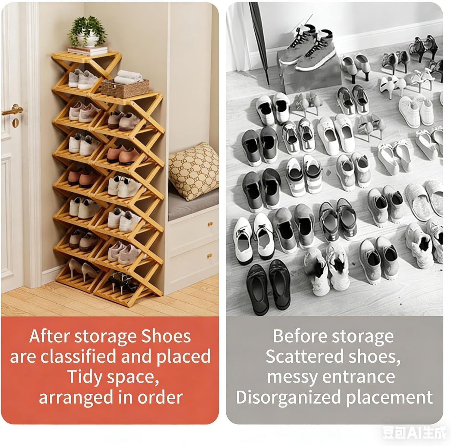 9-Tier No-Assembly Bamboo Folding Shoe Rack – Accordion Corner Shoe Shelf, 10+ Pairs Capacity, Slim Vertical Storage for Entryway, Closet & Dorm
