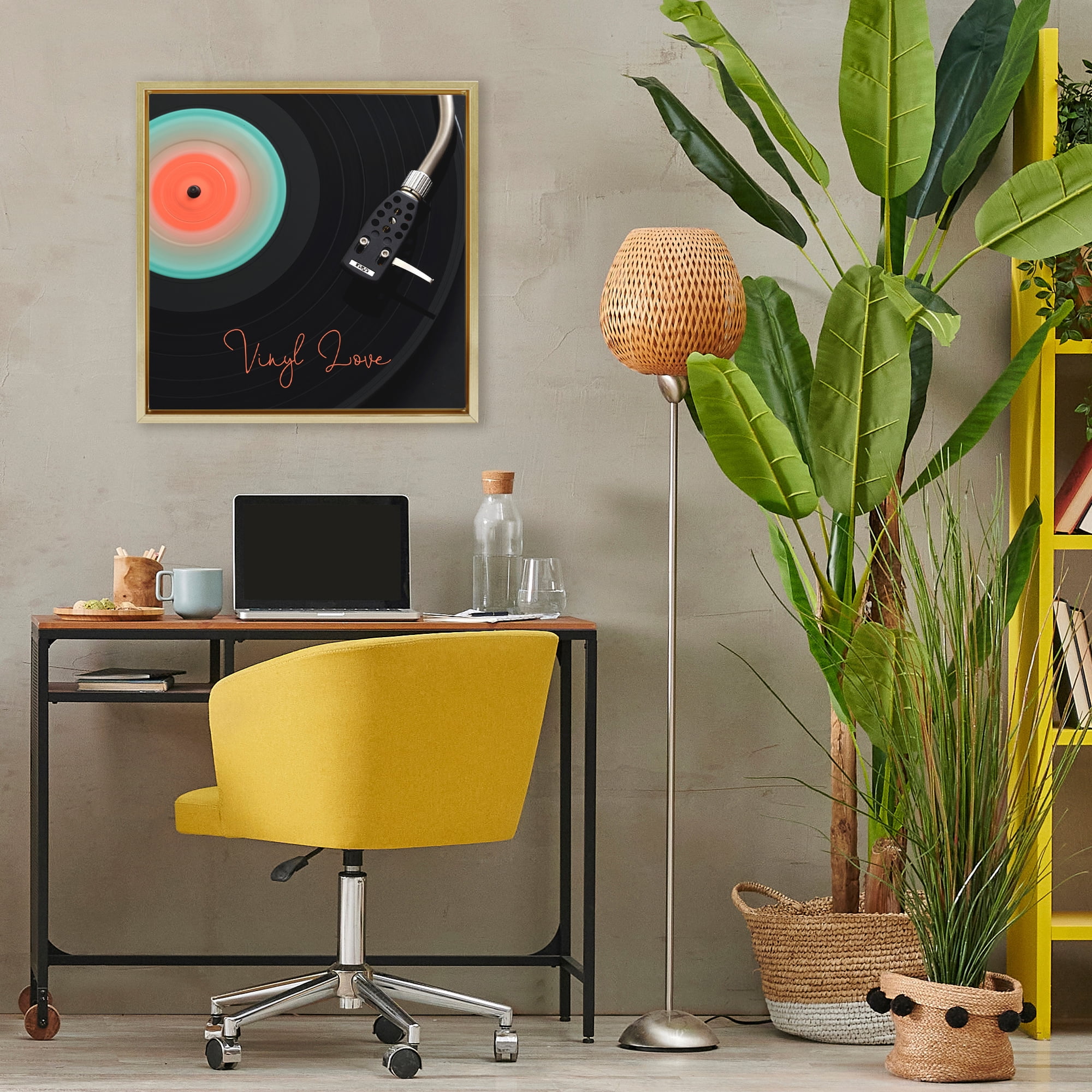 Stupell Industries Spinning Record Vinyl Love Gold Framed Floater Canvas Wall Art, design by Tom Quartermaine