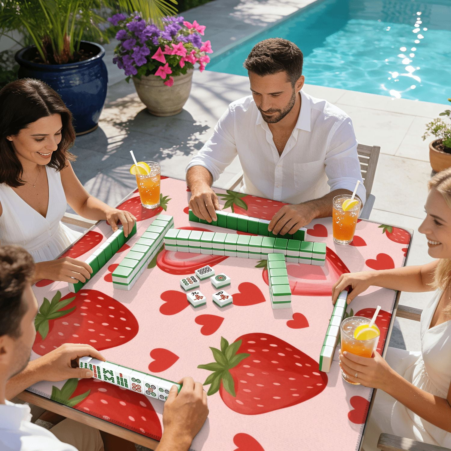 Mahjong Mat 31.5" x 31.5" Strawberry Heart Pastel Pink Non-Slip Noise Reduction American Mahjong Tiles Table Cover for Dominoes Poker Card Board Games Gift