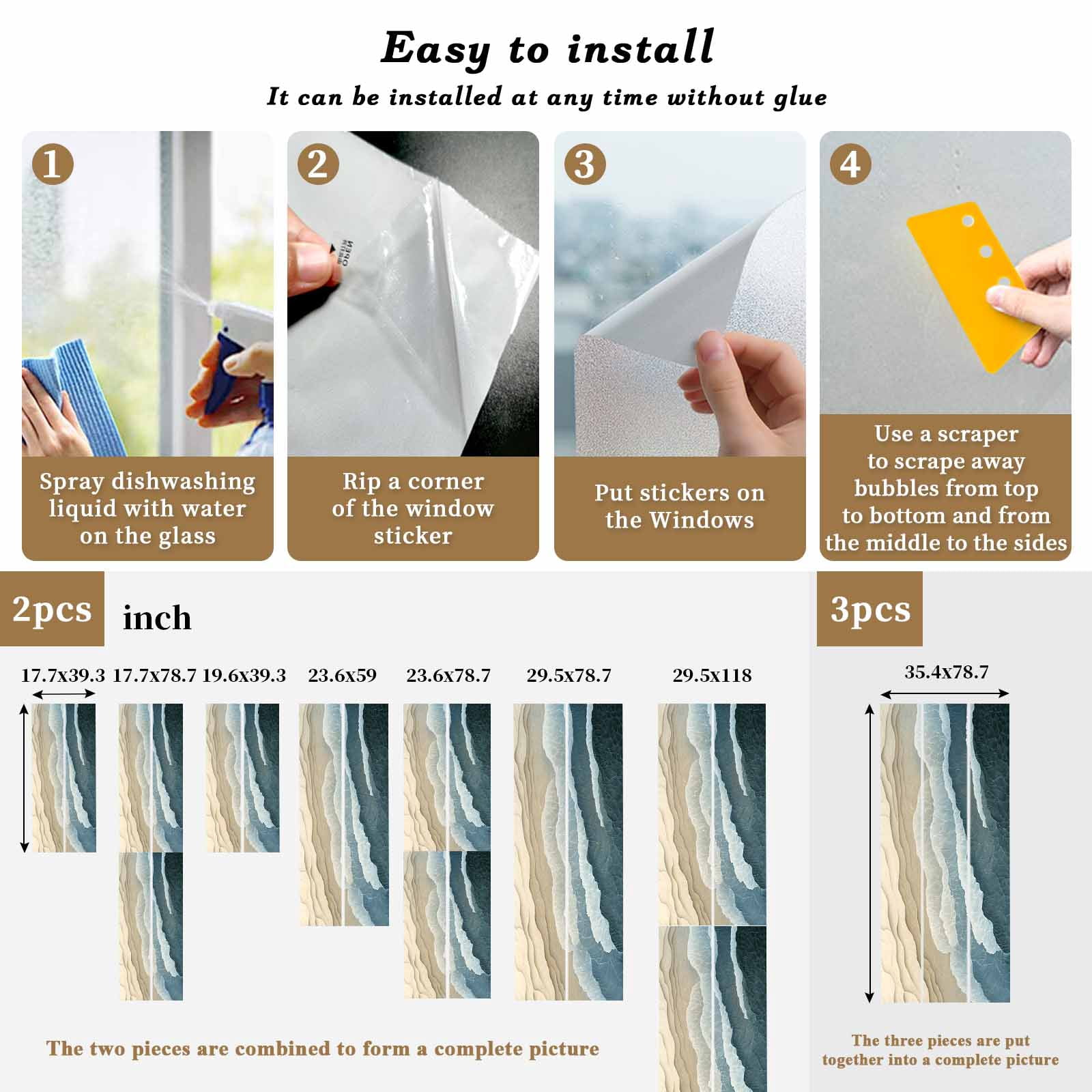 Blue Beige Window Privacy Film, Gradient Sea Wave Beach Abstract Seaside Sand Frosted Glass Window Clings Static Cling UV Heat Blocking Reusable Door Sticker for Bathroom 23.6 x 59 Inch