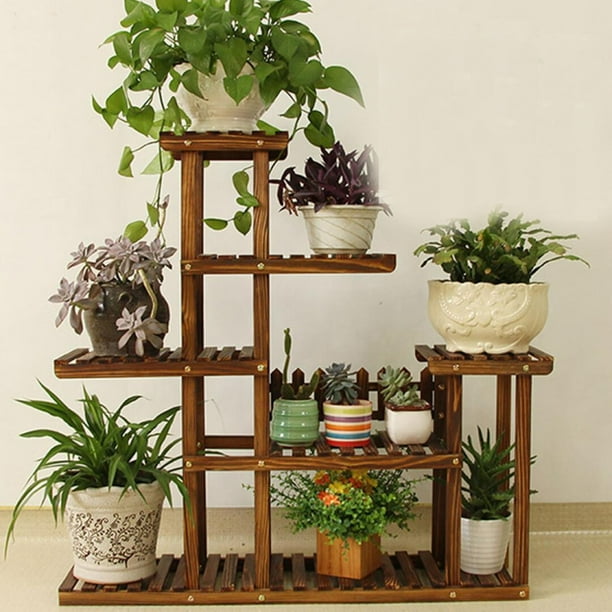 Rolling Plant Stand with Wheels Natural Wood 5 Tier Plant Shelf Indoor