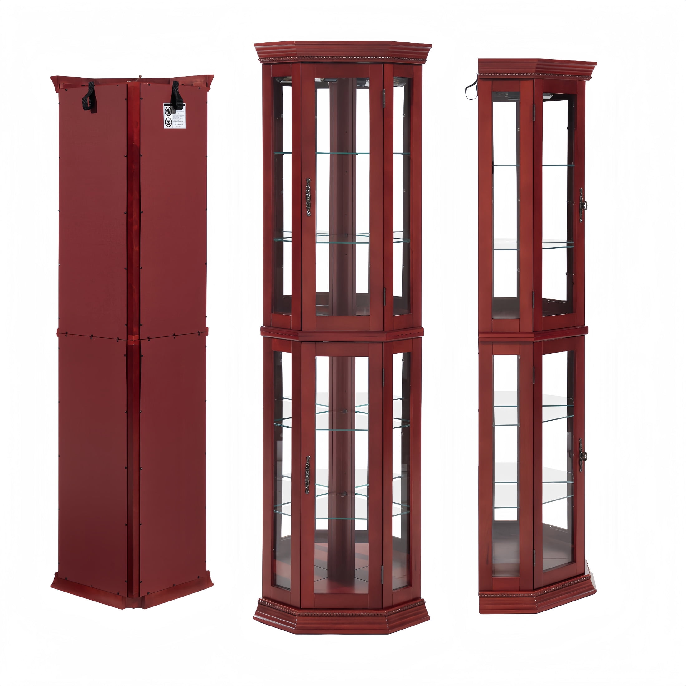 Aukfa Glass Storage Cabinet, Lighted Display Cabinet with Adjustable Shelves, Cherry