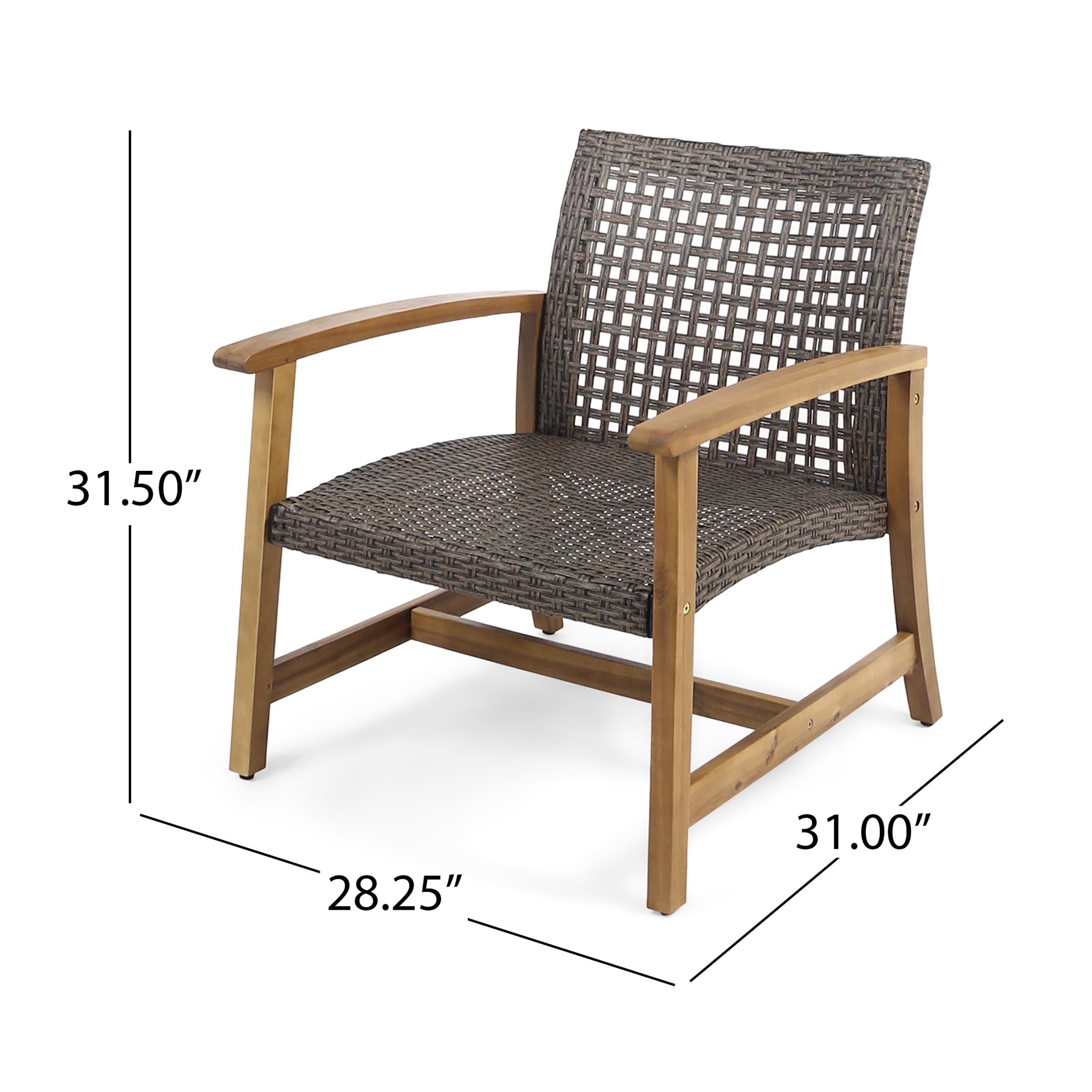 Camdyn Outdoor 3 Piece Wood and Wicker Club Chairs and Side Table Set, Mixed Mocha