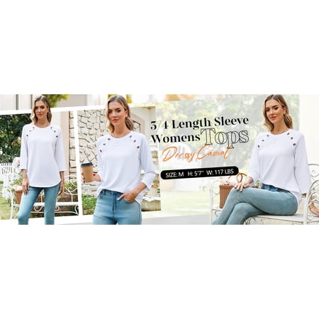 WIHOLL 3/4 Length Sleeve Crew Neck Button Fashion Clothing Dressy Casual Business Work Tops Summer Fall Outfits