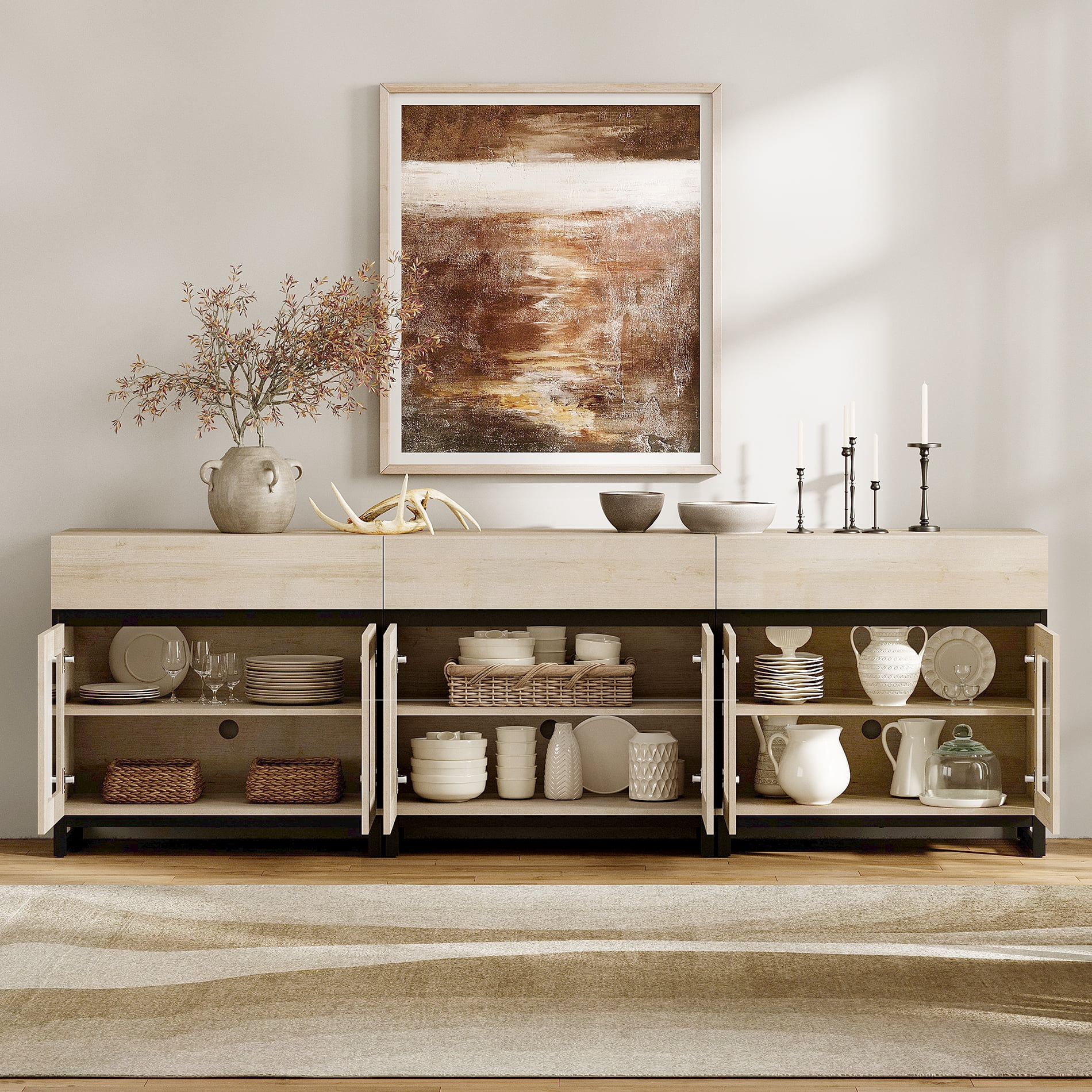 WAMPAT 94.5" Multifunctional Modern Sideboard Buffet Cabinet with 6 Glass Doors & 3 Drawers, Credenza & Coffee Bar Storage Cabinet for Living Room & Kitchen