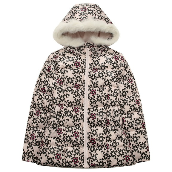 Little Girls Blue Pink Print Fake Faux Fur Hood Padding Jacket 4/5