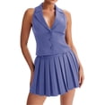 thumbnail image 4 of Sleeveless Women 2 Piece Sets Lapel V Neck Blazer Vest Tops and Mini Pleat Skirt Matching Sets, 4 of 7