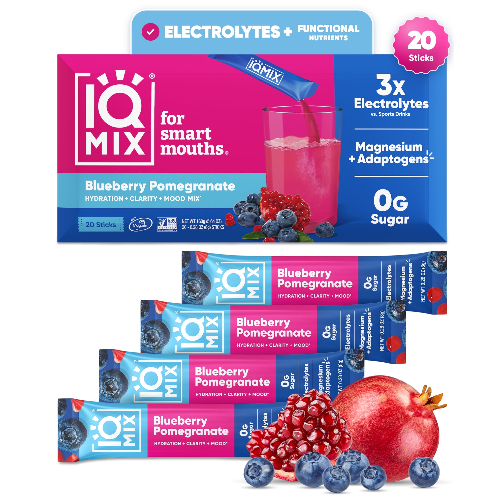 IQMIX Sugar Free Electrolyte Powder Packets - Keto Electrolytes w Lions Mane, Magnesium L-Threonate, Potassium - Blueberry Pomegranate (20-Count)