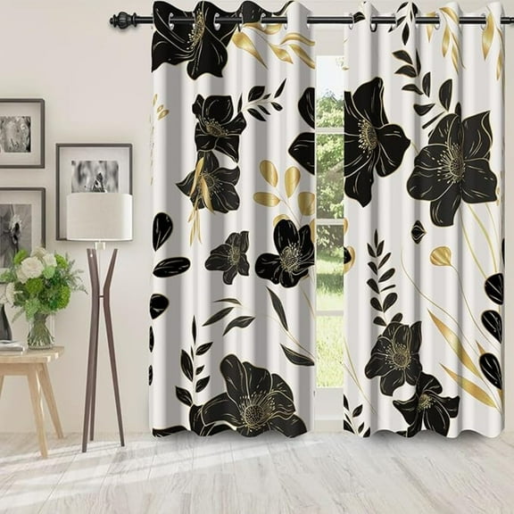 Black Flower Flower Blackout Curtains For Bedroom/Living Room,2 Panels Sets Window Curtain,Gold Black Floral Thermal Insulated Printed Curtains With Grommet 42"W x 108"L (Pack of 2)