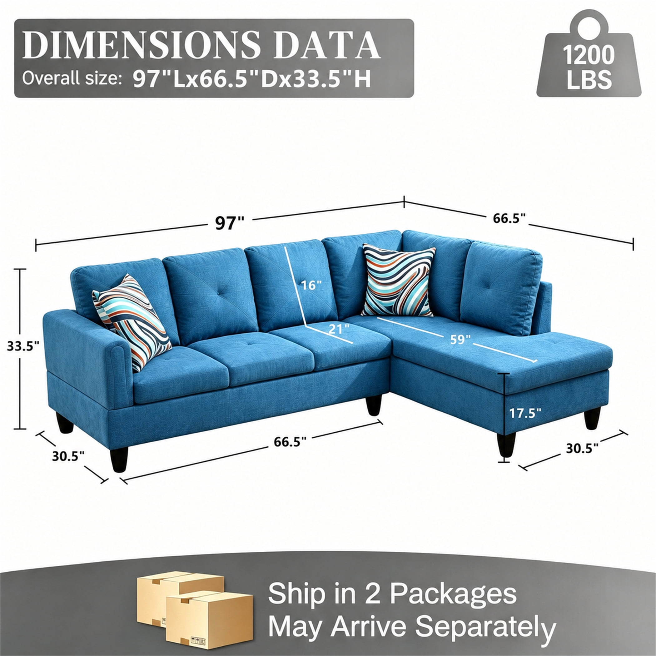 Aukfa 97" Classic Sectional Sofa 4 Seat L shape Couch with Oversized Right Chaise for Living Room, 2Pillows, Linen, Blue