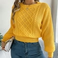 thumbnail image 5 of Zedker Women's Solid Knit Cable Sweater Casual Crew Neck Long Lantern Sleeve Tops,Plus Size Yellow M, 5 of 8