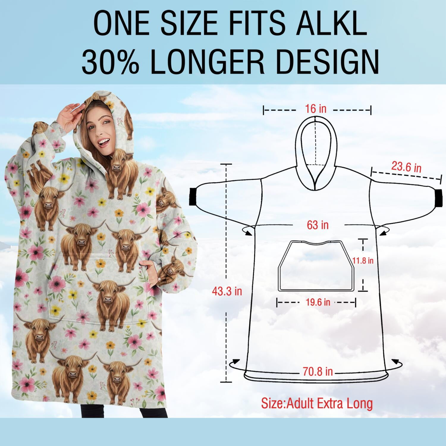 Oversized Wearable Blanket Hoodie,White Highland Cow Flower Pattern Sherpa Blanket Hoodie with Super Pockets,Super Warm Fuzzy Pullover for Women & Men
