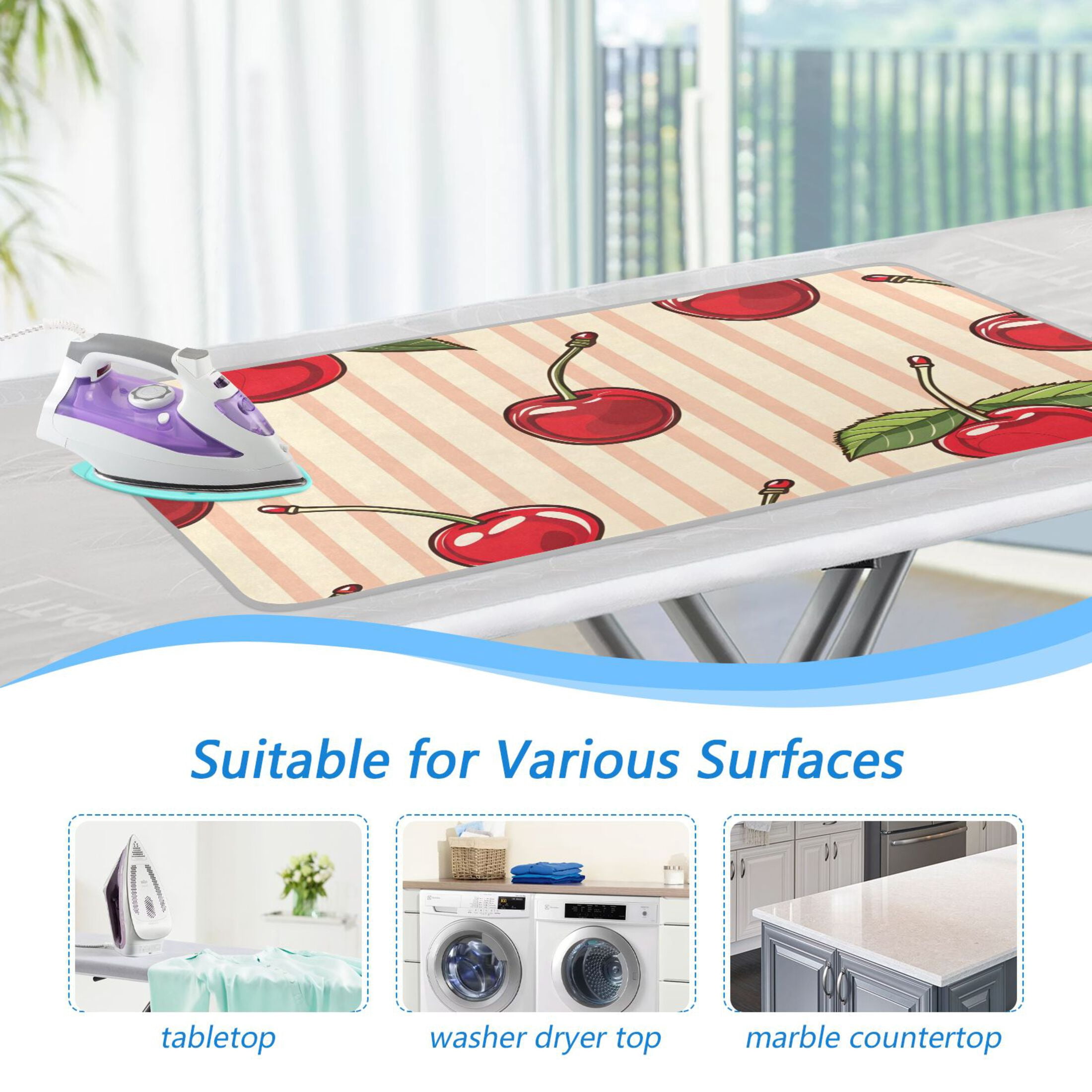 Cherries Leaves Vertical Stripes Ironing Mat Blanket Portable Travel Ironing Pad Heat Resistant Pad 47.2" x 27.6”