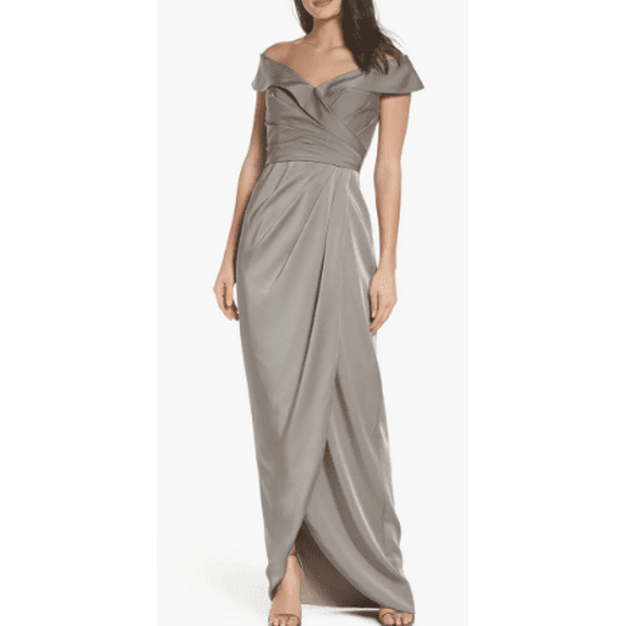La Femme PEWTER Women's Surplice Off the Shoulder Column Gown, US 10