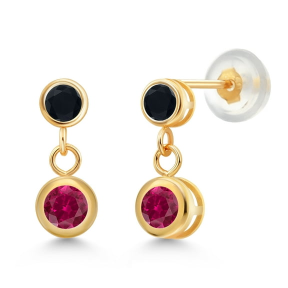 Gem Stone King 14k Yellow Gold Red Created Ruby and Black Onyx Two Stone Dangle Earrings for Women (0.70 Cttw, Gemstone July Birthstone, Round 4MM, Round 3MM)