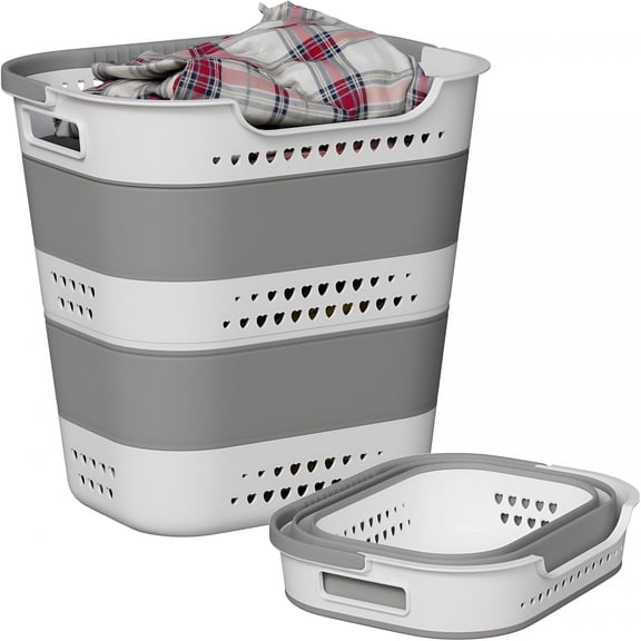 ACDANC Collapsible Plastic Laundry Basket Hamper with Handles,Large 42L Portable Rubber Clothes Basket,Pop Up Storage Container/Organizer for Washing&Storage,Grey