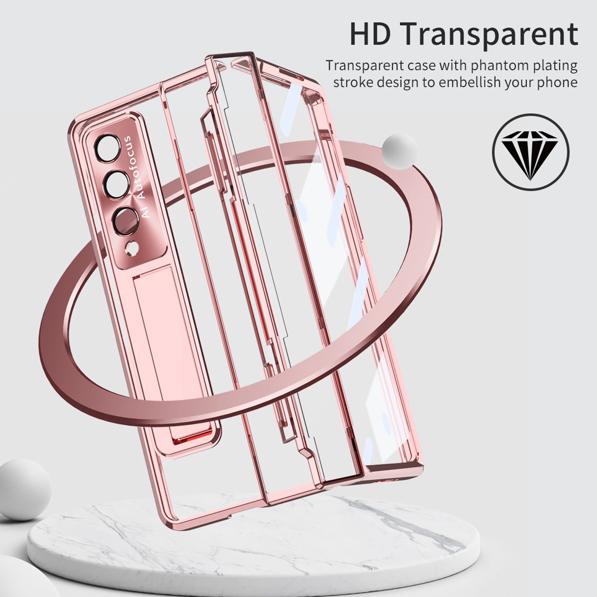 TECH CIRCLE Galaxy Z Fold 4 Case,  Ultra-Thin Luxury Perfect Clear Plating Hard PC Crystal Transparent Kickstand Cover Anti-Scratch Shockproof Protection Case for Samsung Galaxy Z Fold 4 5G, Rosegold