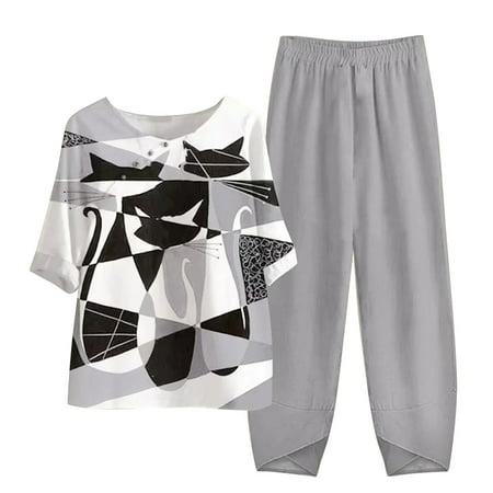 

Women Summer Outfits Linen Suits Cotton Half Sleeve Shirt Tops Wide Leg Trousers Pant Two Pieces Lounge Pajamas Sets Womens Clothes