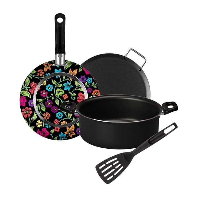 batería de cocina ekco prime 5 piezas multicolor, vista frontal con sartén antiadherente de exterior floral multicolor y mango negro, cacerola profunda negra con asas, plancha plana con asa metálica, espátula ranurada y tapa de vidrio con salida de vapor según especificación; composición sobre fondo blanco, adecuada para cocinar diario y también usada frecuentemente para servir guisos en reuniones.