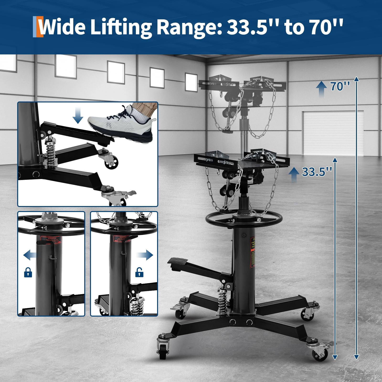 1322 LBS Hydraulic Transmission Jack, 33.5-70 Inch Lift Height with 360° Swivel Wheels & Foot Pedal, Telescoping Jack Stand with 30° Tilt Saddle for Cars, Light Trucks