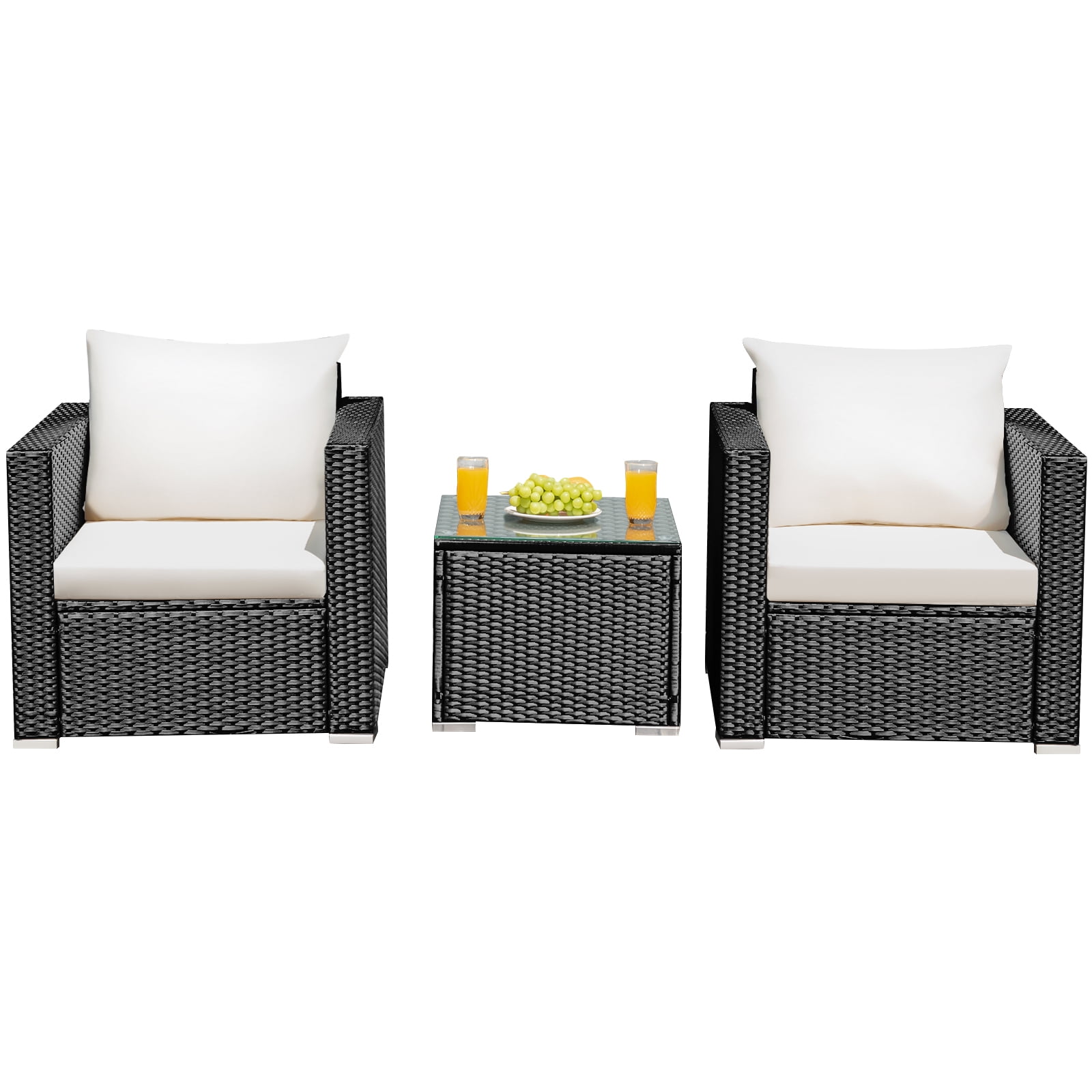 Patiojoy 3PCS Patio Rattan Furniture Conversation Set with 2 Cushioned Sofas & Coffee Table for Outdoor White